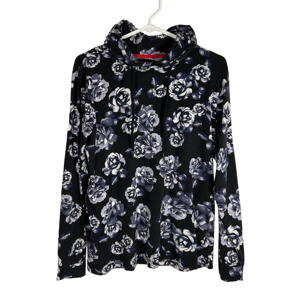 Cactus Man Ricky Singh Mens Black Blue Rose‎ Floral Long Sleeve Hooded Shirt M